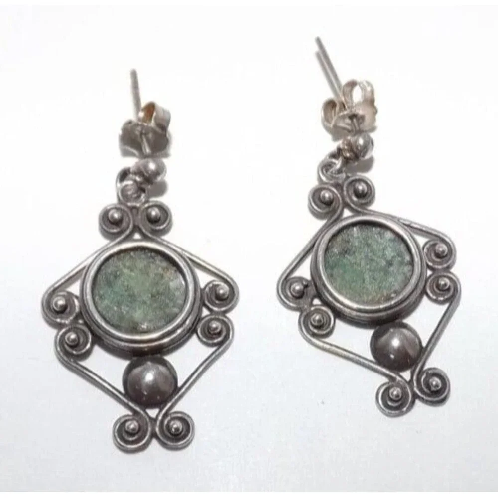 Ancient Roman Glass Vintage Sterling Silver Scroll Dangle Earrings